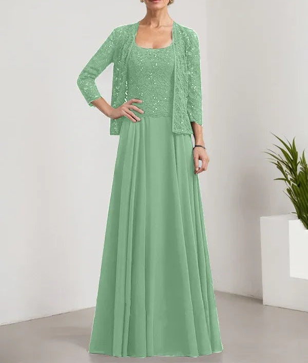 A-line Square Floor-Length Lace Chiffon Mother of the Bride Dress With Sequins
