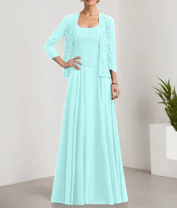 A-line Square Floor-Length Lace Chiffon Mother of the Bride Dress With Sequins