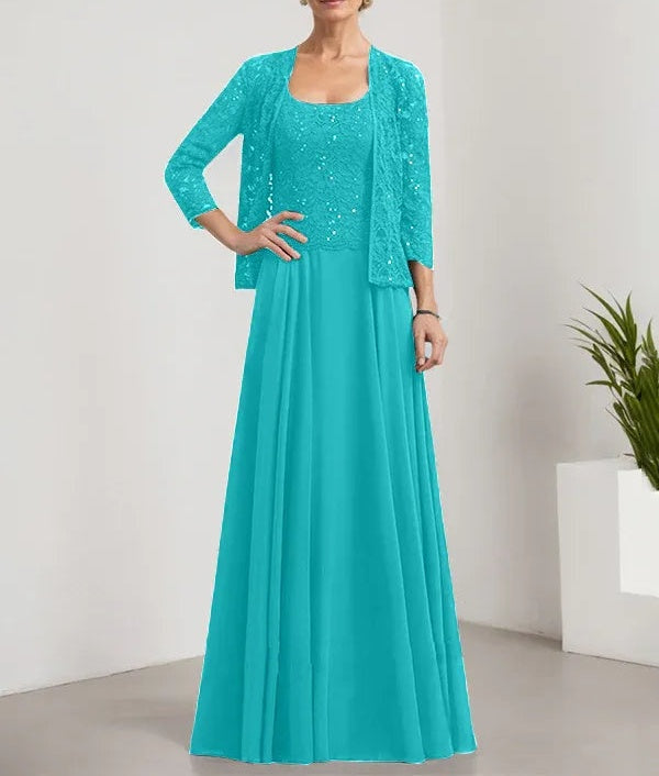 A-line Square Floor-Length Lace Chiffon Mother of the Bride Dress With Sequins