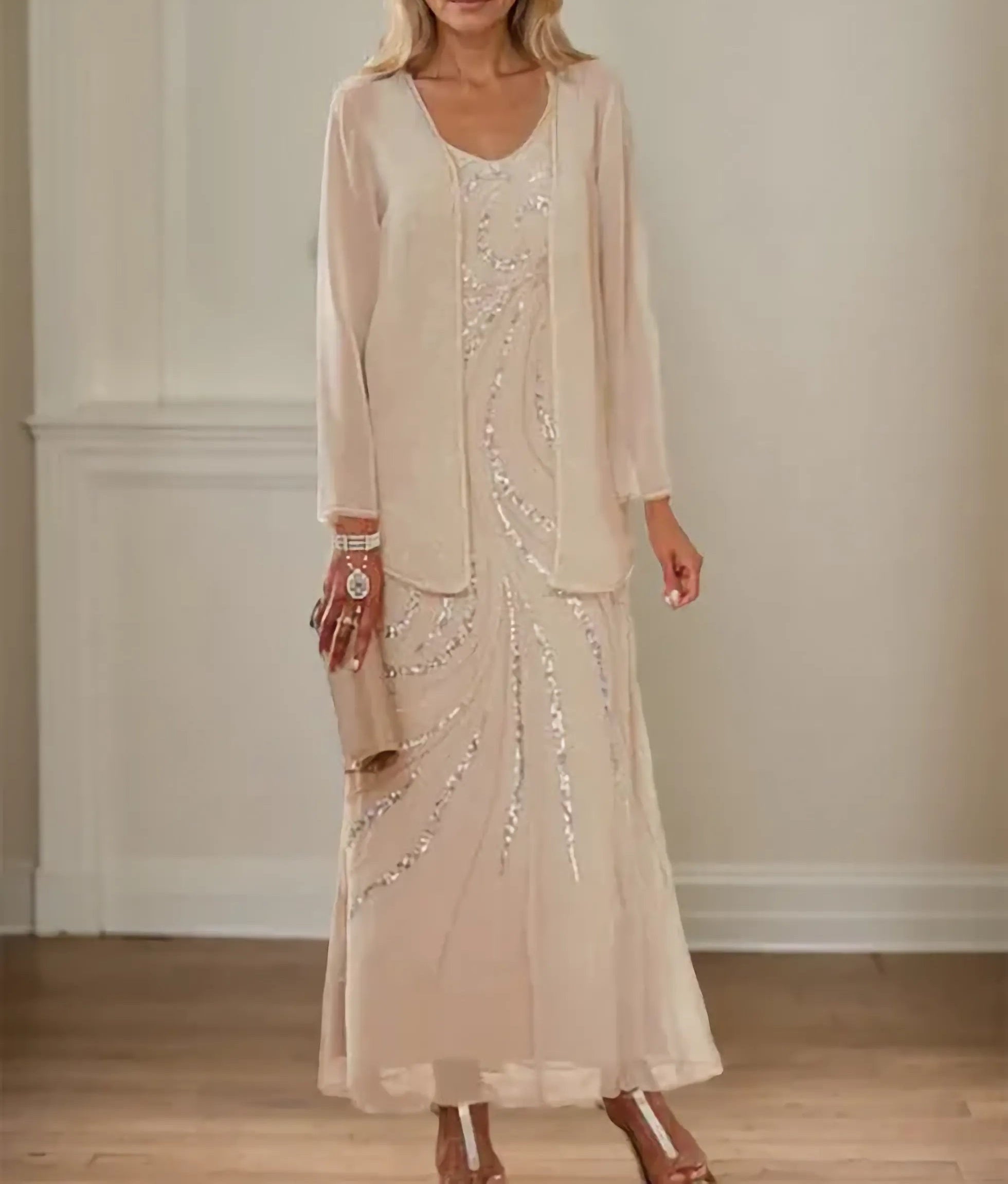 mother of the bride dresses with jackets ankle length 2 Pieces A-Line/Princess Scoop Chiffon Mother of the Bride Dresses with Jacket Long Sleeves Ankle-Length Lace Floral, As Pic