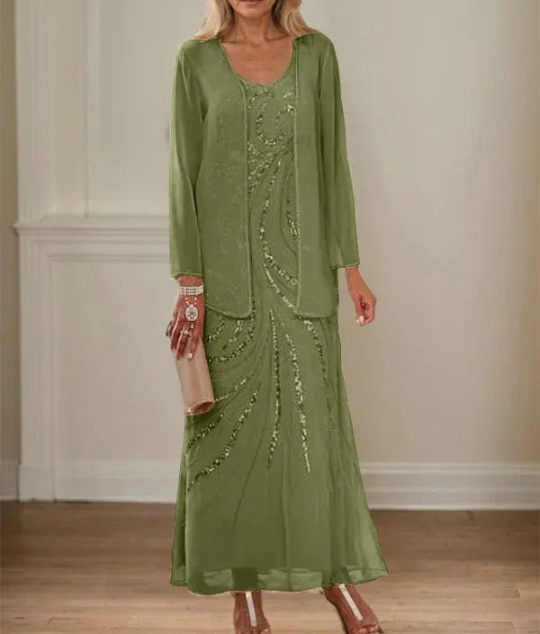 Sheath/Column V-Neck Ankle-Length Mother of the Bride Dresses with Jacket & Sequins