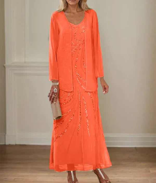 Sheath/Column V-Neck Ankle-Length Mother of the Bride Dresses with Jacket & Sequins