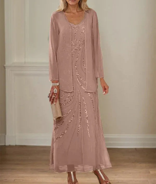 Sheath/Column V-Neck Ankle-Length Mother of the Bride Dresses with Jacket & Sequins