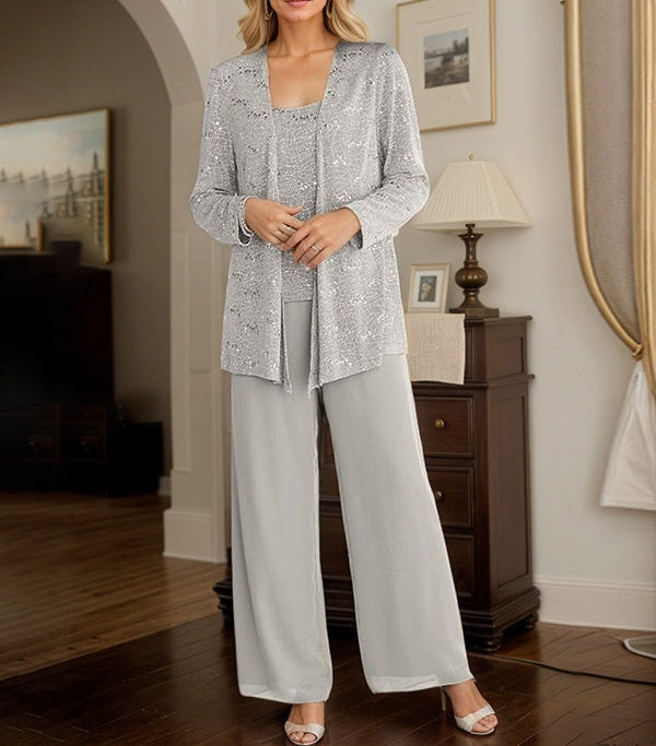 Chiffon Mother of the Bride Pantsuits with Jacket & Sequins