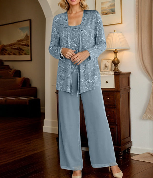 Chiffon Mother of the Bride Pantsuits with Jacket & Sequins