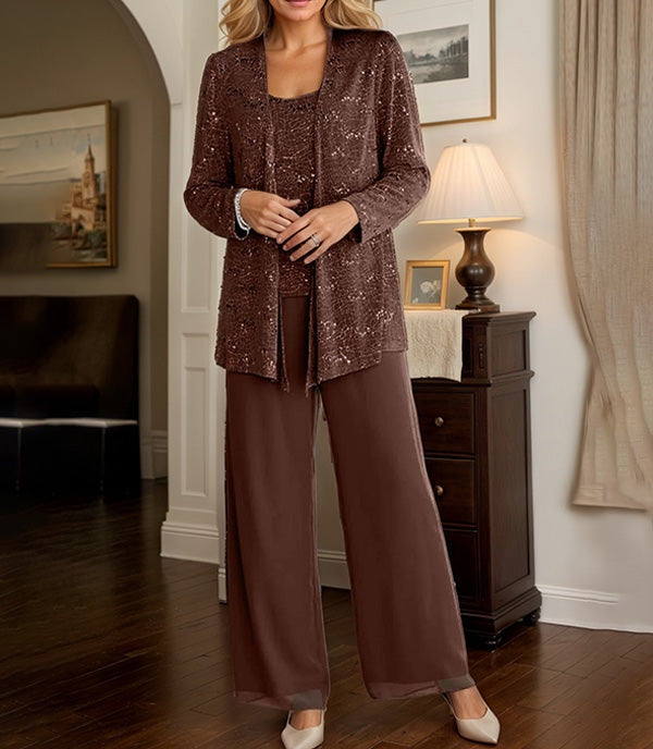 Chiffon Mother of the Bride Pantsuits with Jacket & Sequins