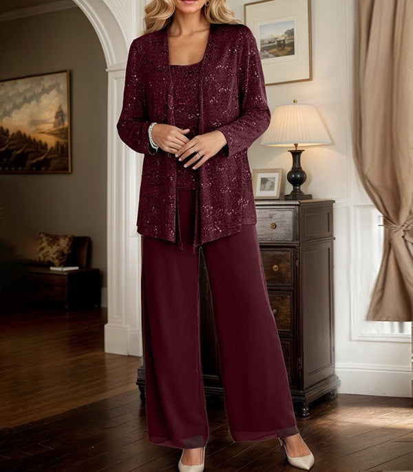 Chiffon Mother of the Bride Pantsuits with Jacket & Sequins