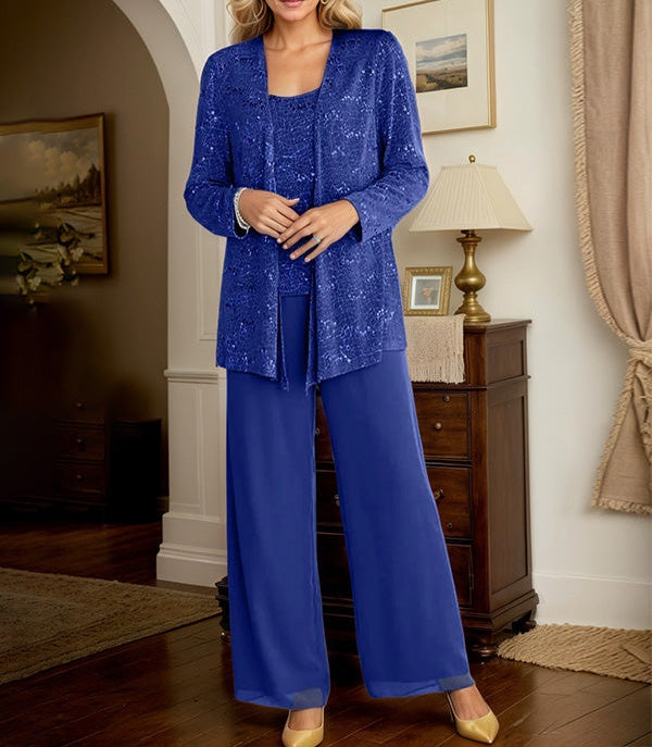 Chiffon Mother of the Bride Pantsuits with Jacket & Sequins