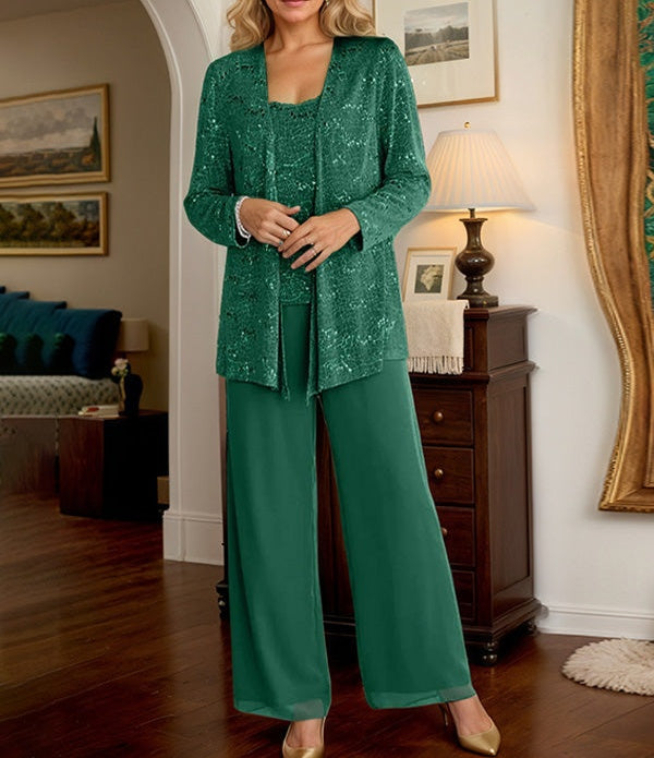 Chiffon Mother of the Bride Pantsuits with Jacket & Sequins