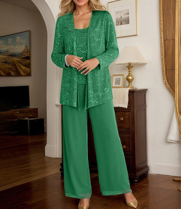 Chiffon Mother of the Bride Pantsuits with Jacket & Sequins
