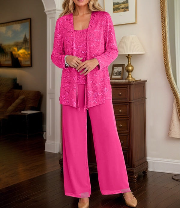 Chiffon Mother of the Bride Pantsuits with Jacket & Sequins