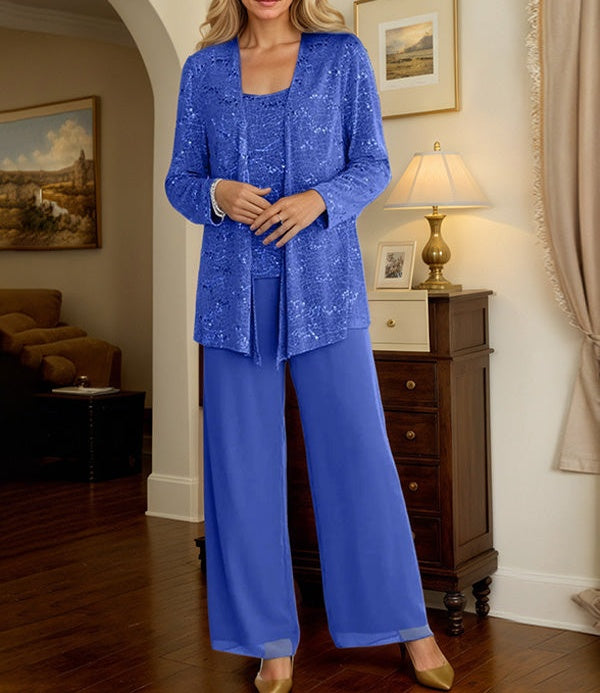 Chiffon Mother of the Bride Pantsuits with Jacket & Sequins