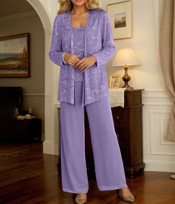 Chiffon Mother of the Bride Pantsuits with Jacket & Sequins