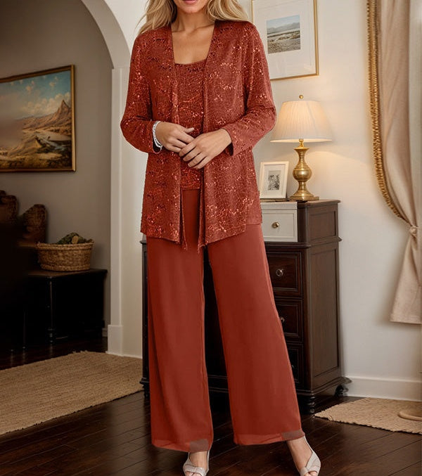 Chiffon Mother of the Bride Pantsuits with Jacket & Sequins