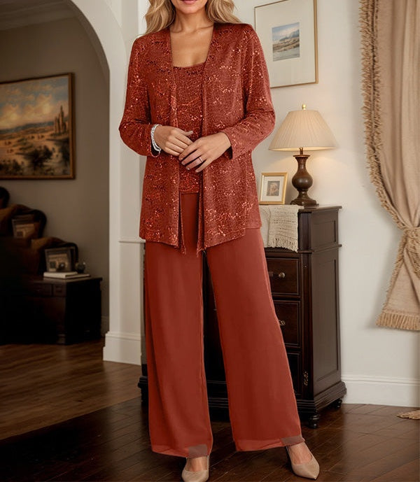 Chiffon Mother of the Bride Pantsuits with Jacket & Sequins