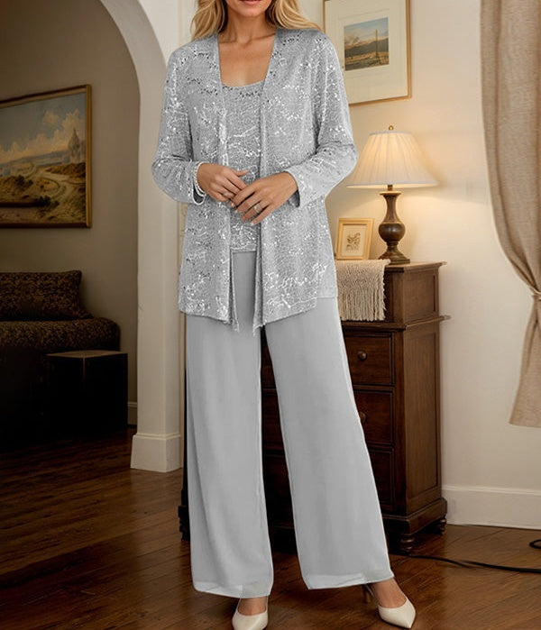 Chiffon Mother of the Bride Pantsuits with Jacket & Sequins