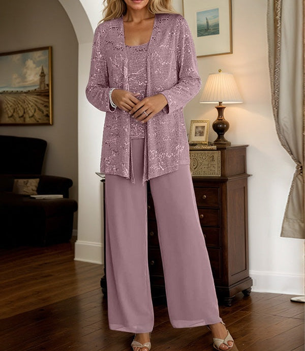 Chiffon Mother of the Bride Pantsuits with Jacket & Sequins