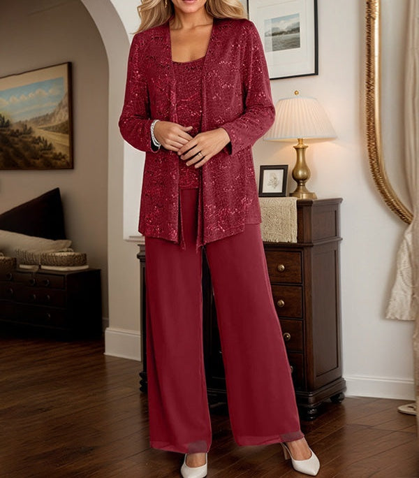 Chiffon Mother of the Bride Pantsuits with Jacket & Sequins
