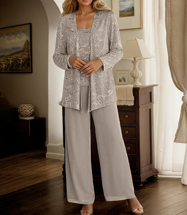 Chiffon Mother of the Bride Pantsuits with Jacket & Sequins