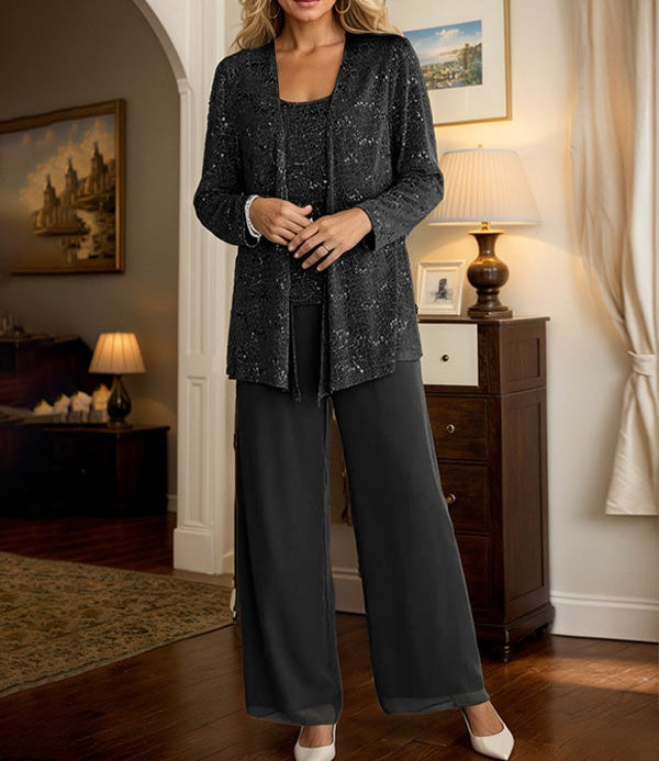 Chiffon Mother of the Bride Pantsuits with Jacket & Sequins