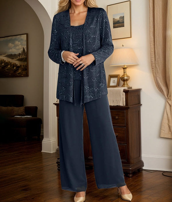 Chiffon Mother of the Bride Pantsuits with Jacket & Sequins