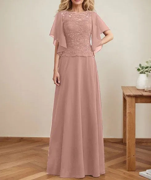 A-line Scoop Illusion Floor-Length Lace Chiffon Mother of the Bride Dress With Sequins