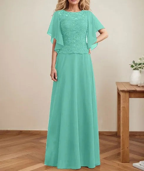 A-line Scoop Illusion Floor-Length Lace Chiffon Mother of the Bride Dress With Sequins