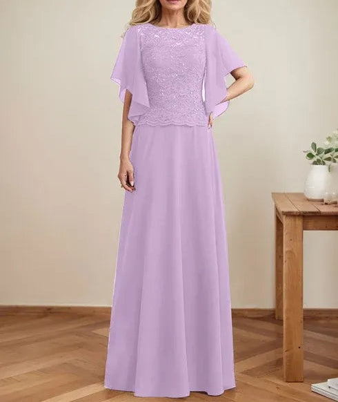 A-line Scoop Illusion Floor-Length Lace Chiffon Mother of the Bride Dress With Sequins