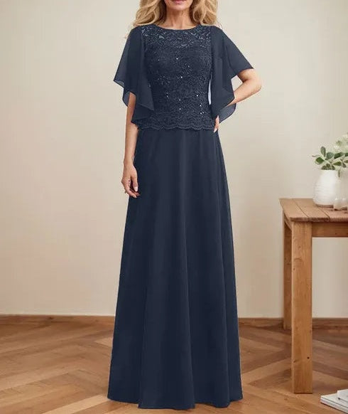 A-line Scoop Illusion Floor-Length Lace Chiffon Mother of the Bride Dress With Sequins