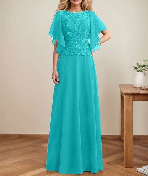 A-line Scoop Illusion Floor-Length Lace Chiffon Mother of the Bride Dress With Sequins