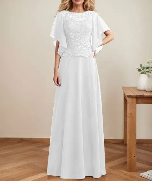 A-line Scoop Illusion Floor-Length Lace Chiffon Mother of the Bride Dress With Sequins