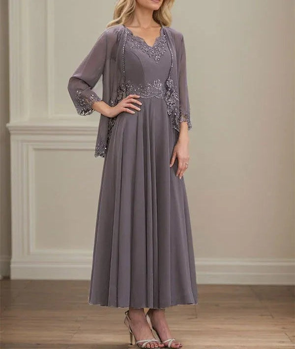 A-line V-Neck Ankle-Length Chiffon Mother of the Bride Dress With Sequins Appliques Lace Beading