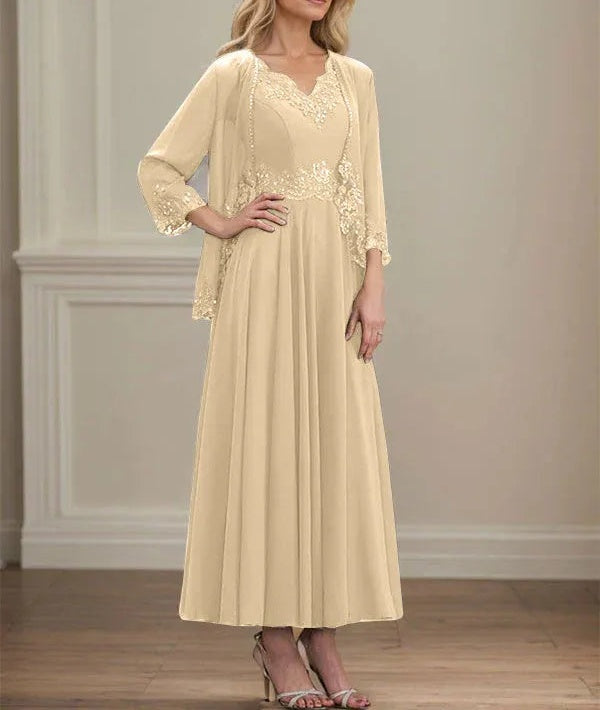 A-line V-Neck Ankle-Length Chiffon Mother of the Bride Dress With Sequins Appliques Lace Beading