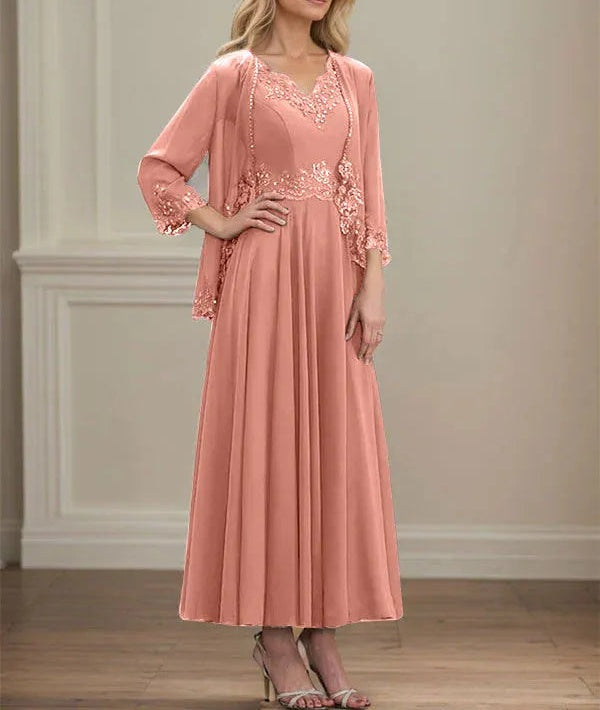 A-line V-Neck Ankle-Length Chiffon Mother of the Bride Dress With Sequins Appliques Lace Beading