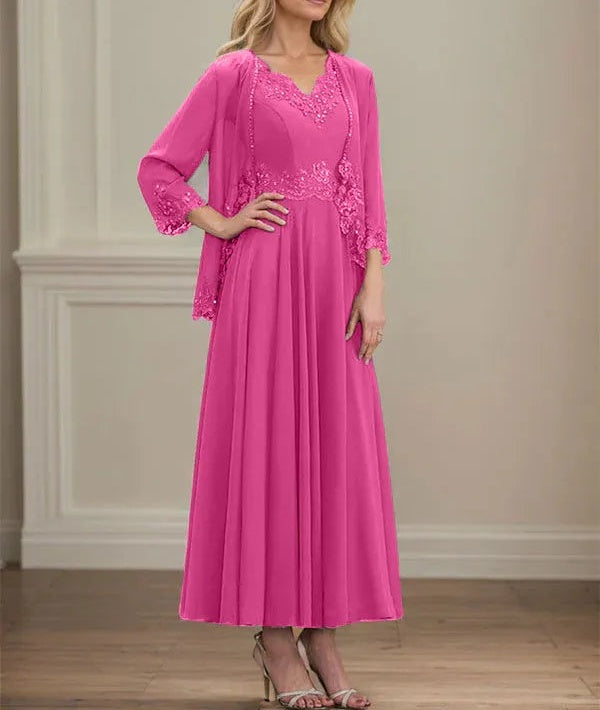 A-line V-Neck Ankle-Length Chiffon Mother of the Bride Dress With Sequins Appliques Lace Beading