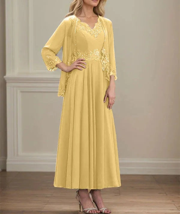 A-line V-Neck Ankle-Length Chiffon Mother of the Bride Dress With Sequins Appliques Lace Beading