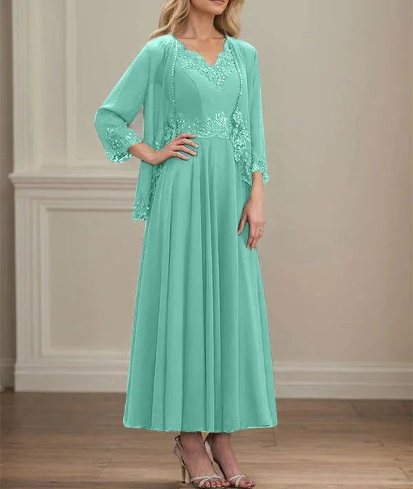 A-line V-Neck Ankle-Length Chiffon Mother of the Bride Dress With Sequins Appliques Lace Beading