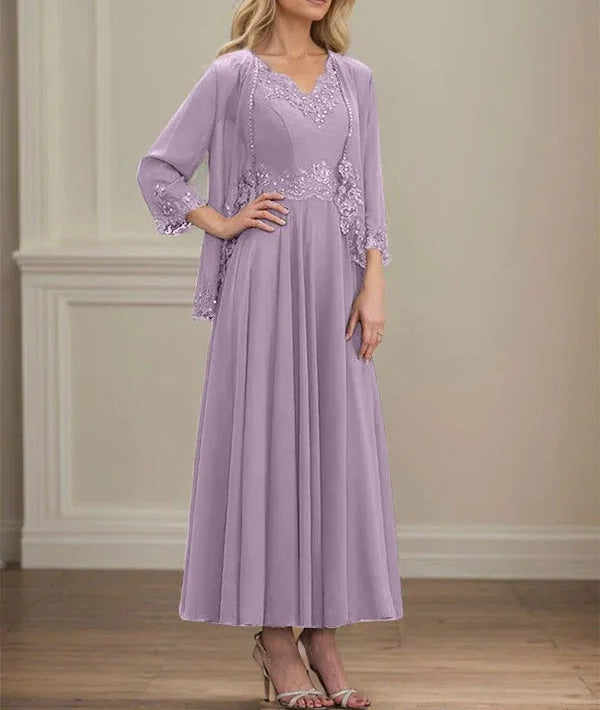 A-line V-Neck Ankle-Length Chiffon Mother of the Bride Dress With Sequins Appliques Lace Beading