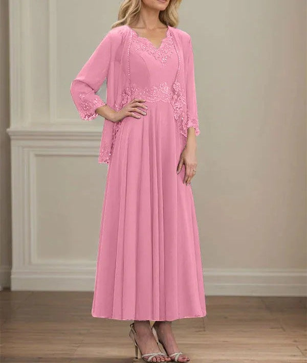 A-line V-Neck Ankle-Length Chiffon Mother of the Bride Dress With Sequins Appliques Lace Beading