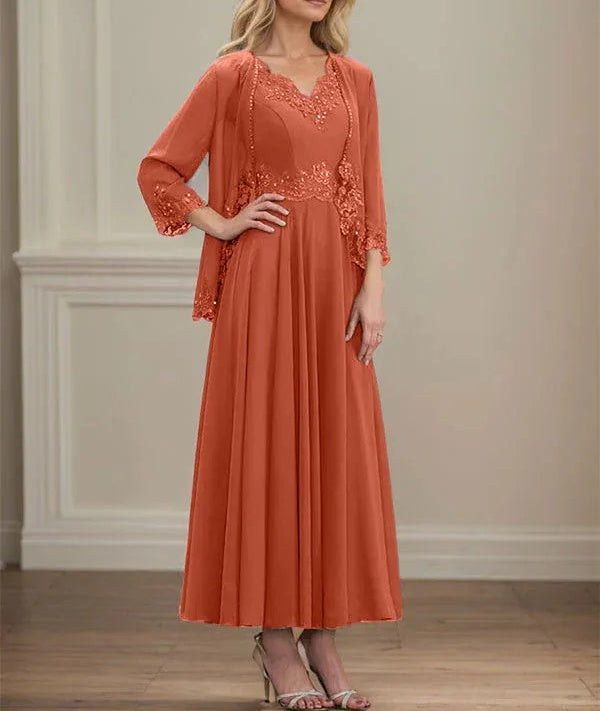 A-line V-Neck Ankle-Length Chiffon Mother of the Bride Dress With Sequins Appliques Lace Beading