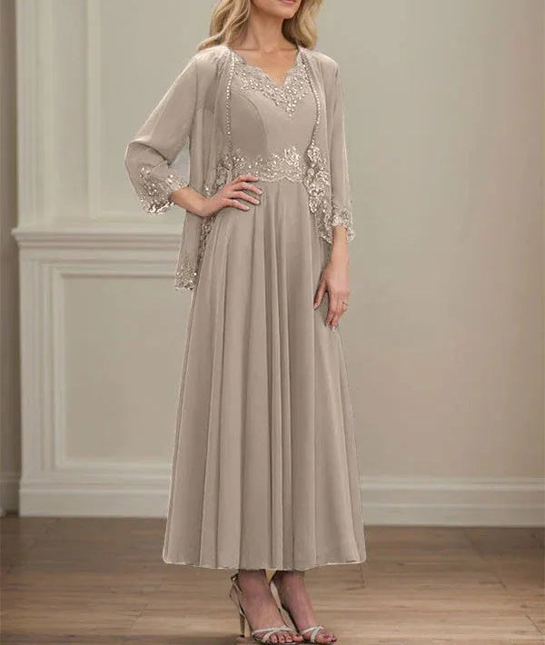 A-line V-Neck Ankle-Length Chiffon Mother of the Bride Dress With Sequins Appliques Lace Beading