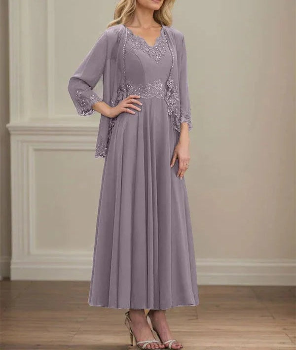 A-line V-Neck Ankle-Length Chiffon Mother of the Bride Dress With Sequins Appliques Lace Beading