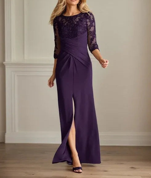 Plum Sheath Lace Stretch Crepe Mother of the Bride Dress
