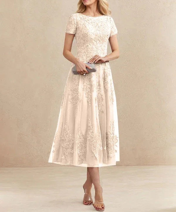 A-line Scoop Tea-Length Tulle Lace Mother of the Bride Dress