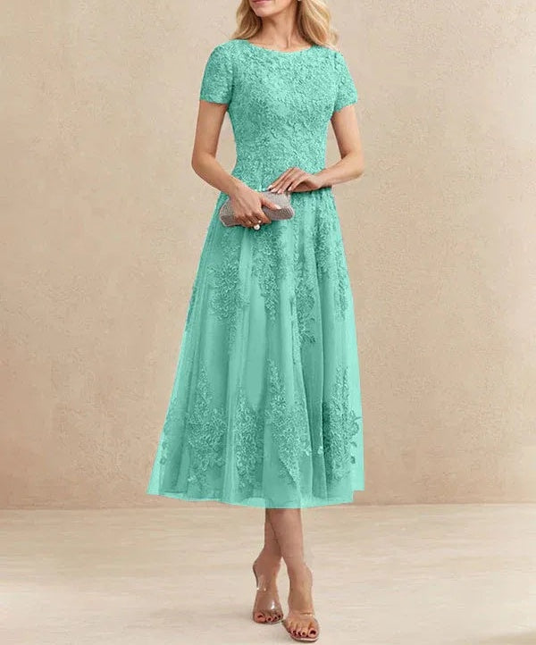 A-line Scoop Tea-Length Tulle Lace Mother of the Bride Dress