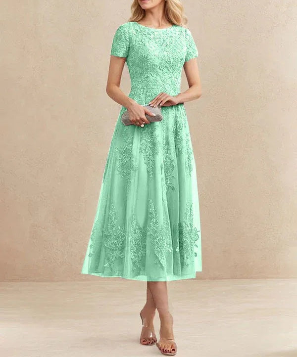 A-line Scoop Tea-Length Tulle Lace Mother of the Bride Dress