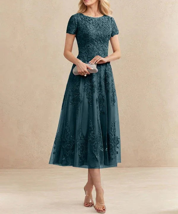 A-line Scoop Tea-Length Tulle Lace Mother of the Bride Dress