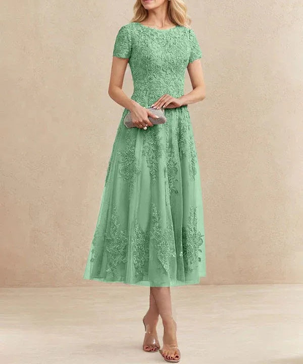 A-line Scoop Tea-Length Tulle Lace Mother of the Bride Dress