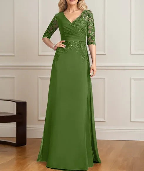 A-line V-Neck Floor-Length Lace Chiffon Mother of the Bride Dress With Pleated Sequins