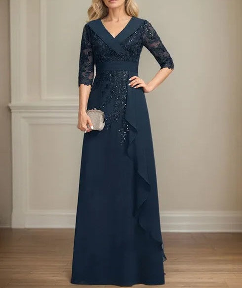 A-line Collared V-Neck Floor-Length Lace Chiffon Mother of the Bride Dress With Sequins Cascading Ruffles